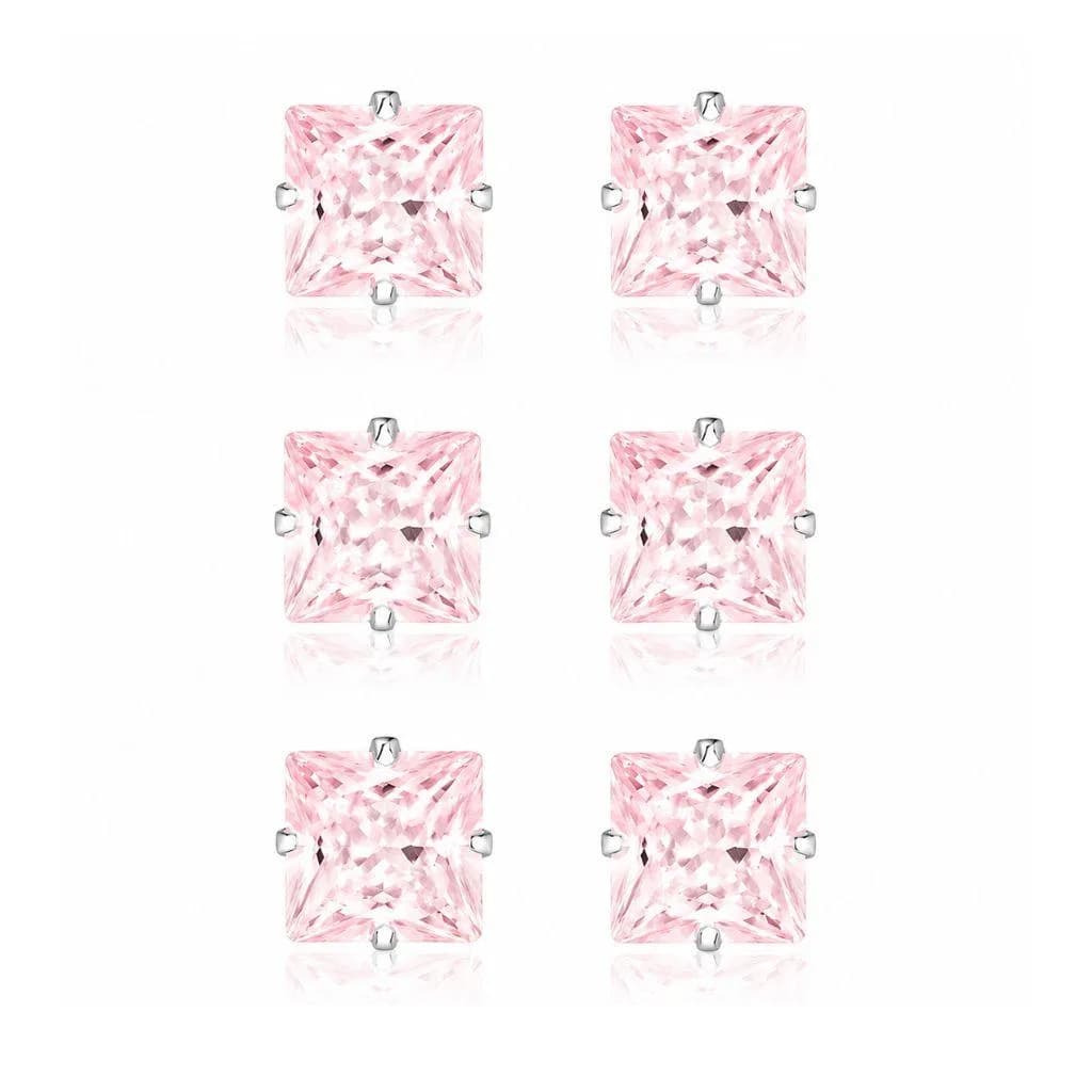 Brinco Trio de Zirconia Quadrado - Rosa